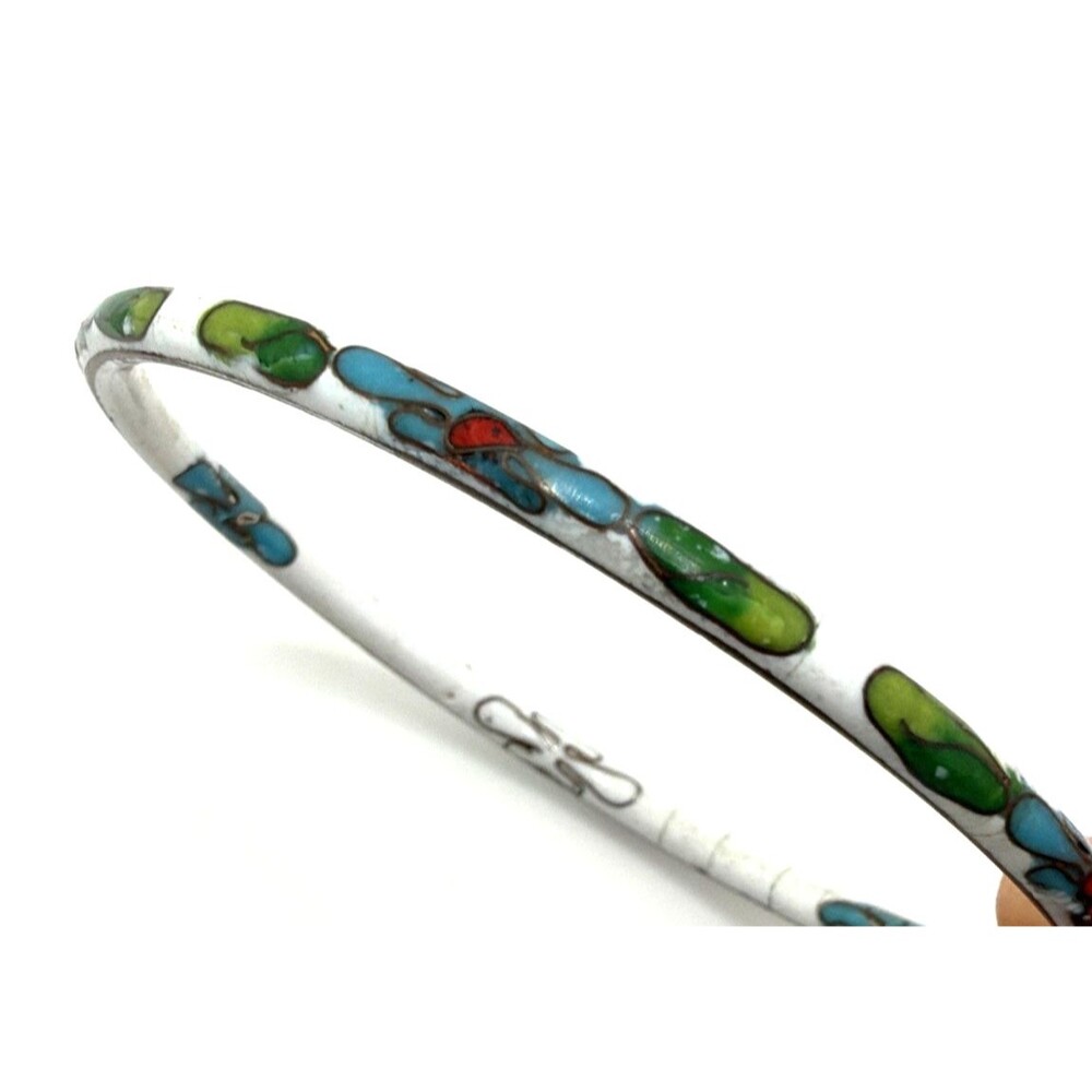 Vintage Cloisonne Bangle Bracelet Floral Green Blue Red on White Enamel 8.5"